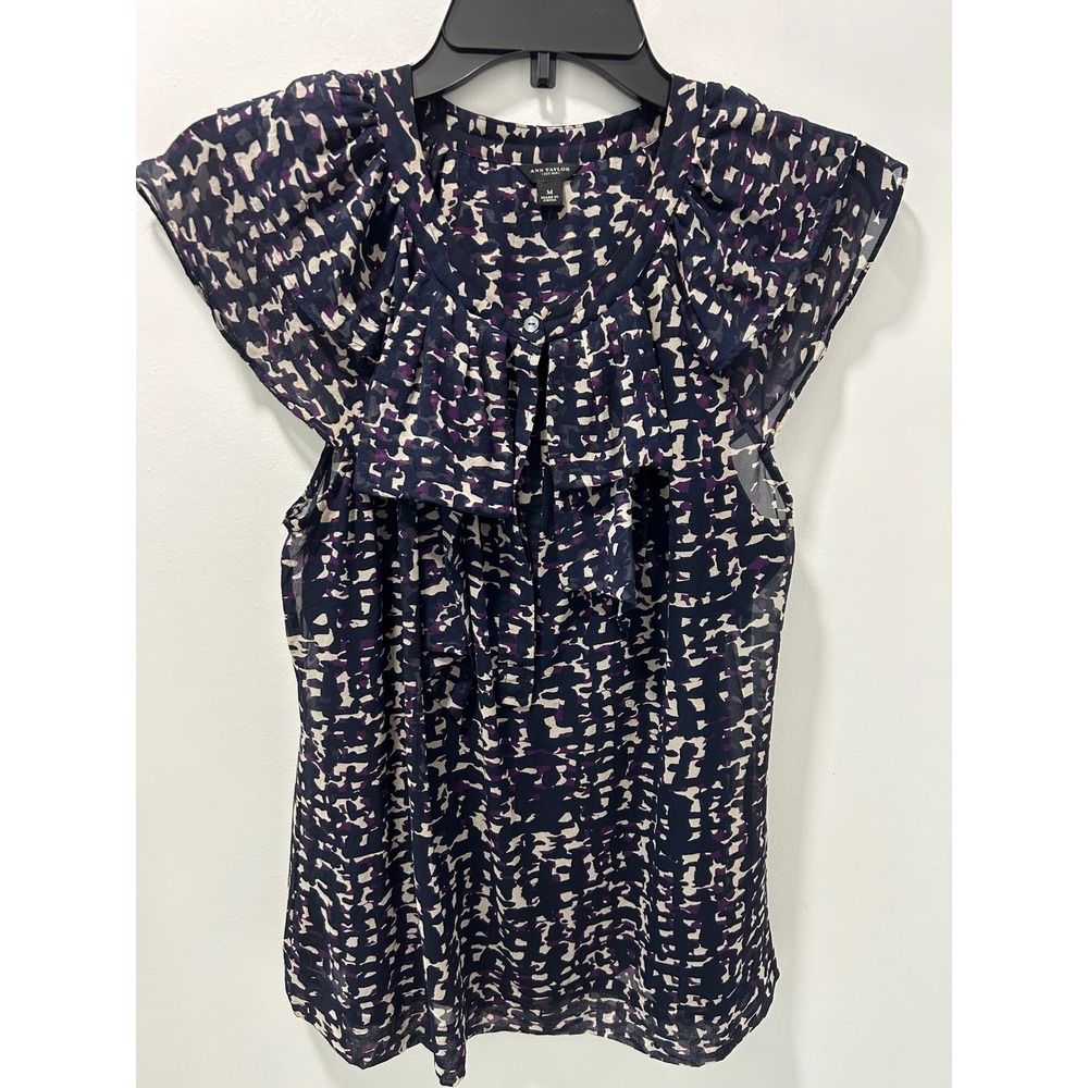 Ann Taylor Womens Medium Navy Purple Abstract Ruffle Neck Sleeveless Blouse Top